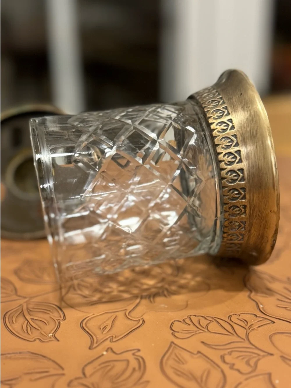 Antique Cut Crystal  Vanity  Toothbrush holder with Ornate Metal Lid